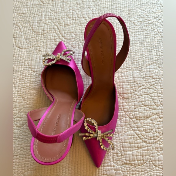 Amina Muaddi Rosie Pink Satin Sling Back Heels with Crystal Bow Size 40 - Picture 5 of 7